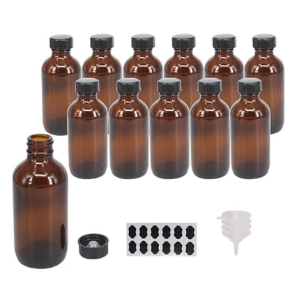 12 Pack 4 oz Amber Boston Glass Bottle with Black Cap, Funnel, Labels for Homemade Vanilla Extract, Essential Oils, Wedding