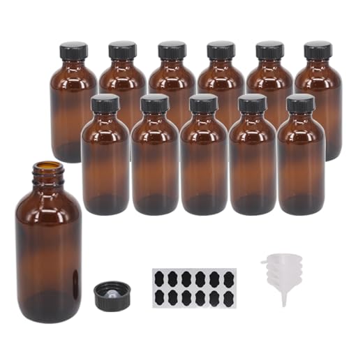 12 Pack 4 oz Amber Boston Glass Bottle with Black Cap, Funnel, Labels for Homemade Vanilla Extract, Essential Oils, Wedding