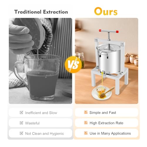 Fruit Wine Press, 10L/2.6Gal Stainless Steel Fruit Wine Press Manual Juice Maker with T-Handle Large Fruit Honey Presser Apple Cider Grape Juice Press Extractor for Outdoor Kitchen Home