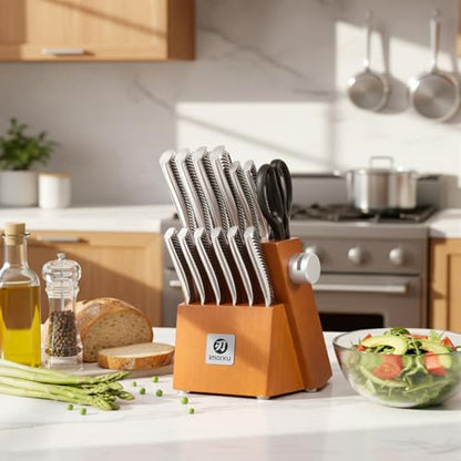 imarku 14-Piece Knife Set, Japanese Stainless Steel Knives Set for Kitchen, Full-Tang Gyutou Knife Sets with Block and Build-in Sharpener, Brown, Dishwasher Safe, House Warming Gifts for Men - color: Light Brown