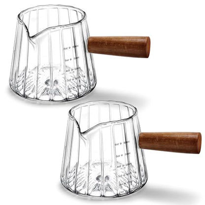 2 PCS Espresso Measuring Cup 6 Oz, Espresso Glass Cups with Wood Handle, Milk Frothing Cup, Espresso Cup for Coffee, Milk, Tea or Maple Syrup Serving - color: Clear