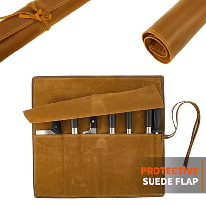 Genuine Leather Knife Roll, Knife Bags for Chefs Professional, Small Chef'S Knife Case Holder, Knives Holders Protectors with 7 Slots, Portable Chef Knife Roll Chef Knife Bag - color: 7 Slots Reddish brown