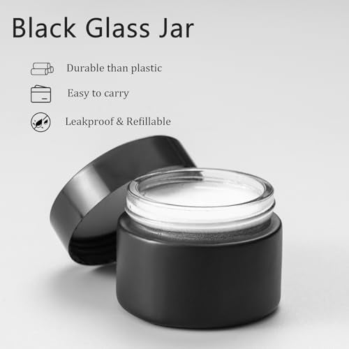 OverNews 2oz Black Glass Jar Travel Size, 45PCS Empty Cosmetic Lotion Container with Black Lid & Spatula, Small Mini Jar for Beauty - color: HBlack, size: 45