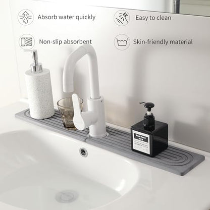 Diatomite Faucet Mat for Kitchen Sink, Quick-Dry Stone-Like Sink Mat, Flat Lay Absorbent Countertop Drying Mat for Faucet Area, Hard Diatomite Mat, Gray, 23.6 x 4 in - color: Gray