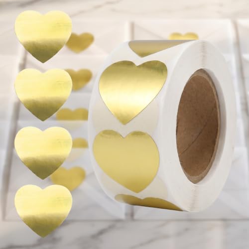 500Pcs Heart Gold Foil Stickers Roll, Heart Labels for Small Business, Wedding Invitation Envelope Seals Bakery Craft, Birthday Party Favors, Valentine Holiday Decorations - color: 500pcs- Gold Foil Heart