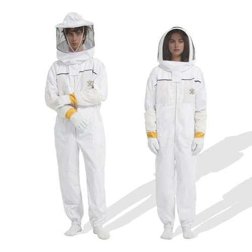 3-Layer Bee Suit, with Gloves & 2 Veils | Professional Sting Proof Ultra Breathable Beekeeper Suit, Unisex, Goatskin Beekeeping Gloves for Wasp, Apiary & Backyard - size: S-4'11" – 5'3"