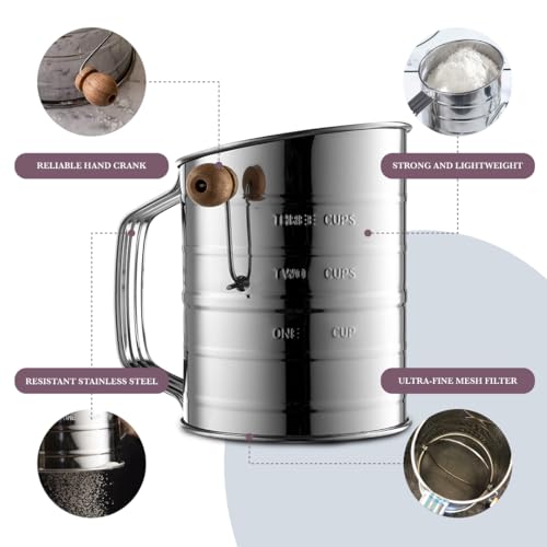 Bellemain 3 Cup Flour Sifter for Baking Fine Mesh Rotary Hand Crank with Loop Agitator for Quick Sifting, Flour Sifter Stainless Steel - size: 3 Cup