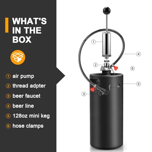 MRbrew 128oz Mini Keg Growler with Hand Keg Pump Portable Keg Tap Growler Tap System for Draft Beer Dispenser Stainless Steel Home Mini Kegerator Brewing Party Picnic