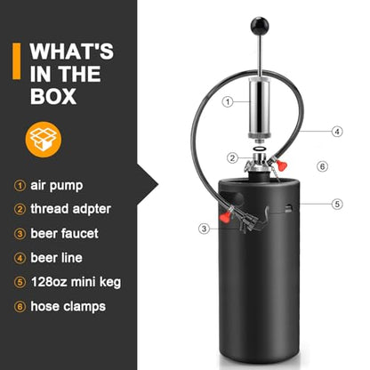 MRbrew 128oz Mini Keg Growler with Hand Keg Pump Portable Keg Tap Growler Tap System for Draft Beer Dispenser Stainless Steel Home Mini Kegerator Brewing Party Picnic