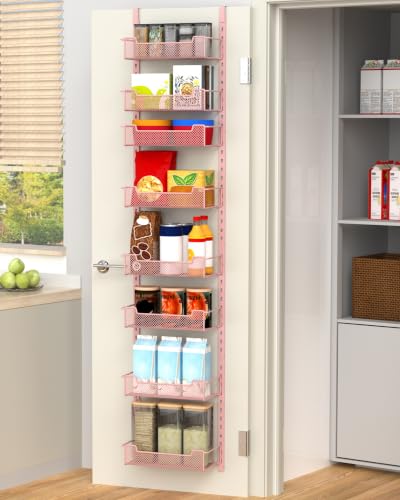 VyGrow 12.3" W Narrow Over the Door Pantry Organizer, 8-Tier Over the Door Organizer with Adjustable Basket, Pantry Door Organization for Pantry Kitchen Storage Room Spice Rack, Pink - color: Pink, size: 12.3"W 8-Tier