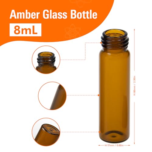 PEKYBIO 20 PCS 8 ML (2 dram) Amber Small Liquid Sample Glass Vials with Screw Caps, 17 mmx 60 mm Leak-Proof Vial, 15-425 Black Screw Cap with PE Liners for Lab, Essential Oil, Perfume, Reagents - size: 17*60mm 2 Dram & 8ml Vial