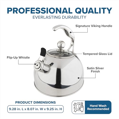 Viking 3-Ply Stainless Steel Tea Kettle, 2.6 Quart Stovetop Hot Water Pot with Tempered Glass Lid, Ergonomic Handle, Induction Ready, Satin Silver - color: Satin Silver