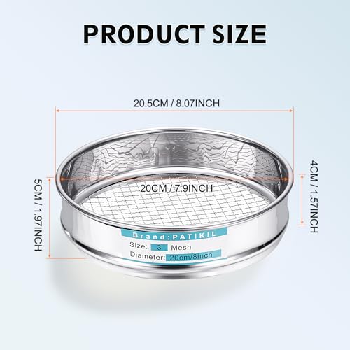 PATIKIL 3 Mesh(7mm) Lab Sieve, 7.9"(20cm) Diameter Sifting Screen 304 Stainless Steel Wire Cloth Fine Mesh Sieve for Industrial Laboratory Home Soil Sifter Dry Sift Screens Hash - size: 3 Mesh(7mm)/7.9"