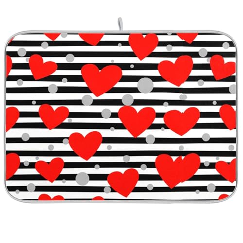 Dish Drying Mat for Kitchen Counter Black White Stripe Valentine Heart Absorbent Drying Dish Mat 16×18 inch Dish Rack Pad Coffee Mat for Sink Dishes Under Rack - color: multicolored.2, size: 16x18in