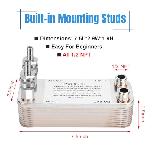 Ferroday 20 Plate Wort Chiller Stainless Steel Brazed Plate Heat Exchanger 1/2 NPT Thread Plate Chiller, Beer Brewing Chiller Wort Cooler For Homebrew (7.5" x 1.97") - size: 20-plate(1/2 npt)