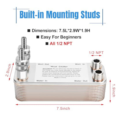Ferroday 20 Plate Wort Chiller Stainless Steel Brazed Plate Heat Exchanger 1/2 NPT Thread Plate Chiller, Beer Brewing Chiller Wort Cooler For Homebrew (7.5" x 1.97") - size: 20-plate(1/2 npt)
