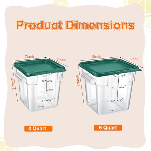 Suclain 8 Pack 4 QT and 6 QT Food Storage Containers with Lids Scales Handles Square Clear Restaurant Food Storage Containers Polycarbonate Commercial Grade for Kitchen Marinating Meat Dough(Green) - color: Green