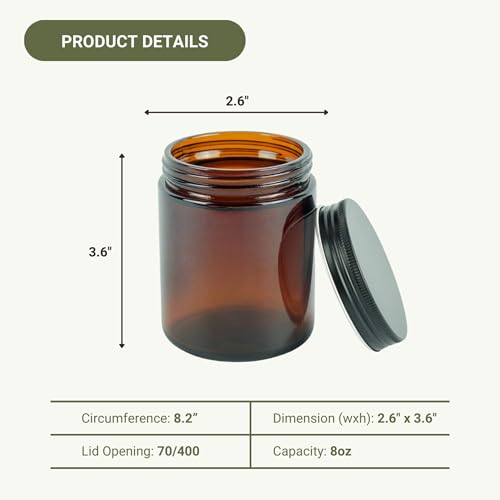 Glass Amber 8oz Jar - 12 Packs, Lead-Free Empty Round Jars For Beauty Products, Lotion, and Powders - Black Lid - Small Candle Jars - size: 8oz