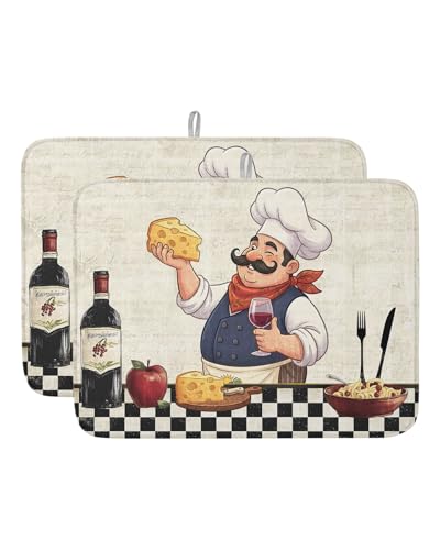 Dish Drying Mat for Kitchen Counter,Smiling Chef Cheese Wine Absorbent Microfiber Drainer Rack Pad Retro Kitchen Art Quick Dry Mat for Sinks Dishes Utensils 18x24in,2 Pack - size: 18x24inx2pcs
