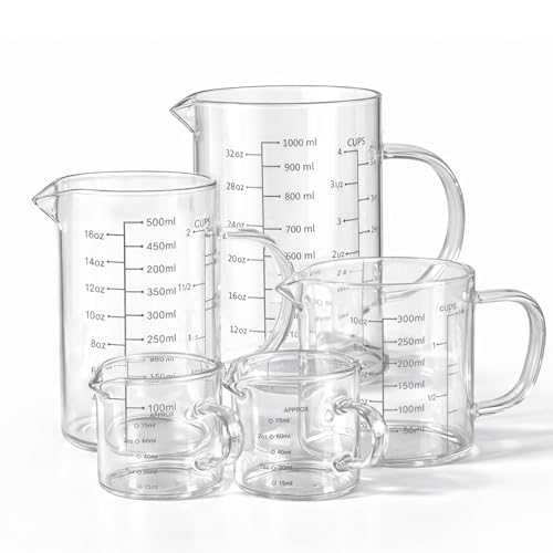 77L 5 Pack Glass Measuring Cup Set, [Insulated handle, V-Shaped Spout], High Borosilicate Liquid Glass Measure Cup for Kitchen, Easy To Read, Dishwasher, Freezer, and Microwave Safe - color: Transparent, size: 5 Pack, (1000ml , 500ml, 300ml, 2x75ml)