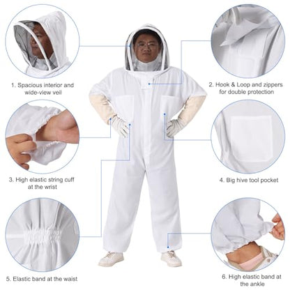 HARFINGTON Bee Suit for Men Women XXL Beekeeping Suits Outfit with Veil Hood and Glove for Backyard Professional and Beginner Bee Keeper, White - size: XXL