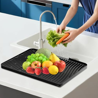 Silicone Dish Drying Mat for Kitchen counter, 19.7"x17" Extra Large Non-Slip Drain Pad with Built-in Drainage, Heat Resistant Dishwasher Safe, Black - color: Black, size: 19.7" x 17"
