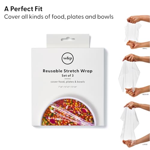 W&P Reusable Silicone Stretch Wrap, 1 Box with 3 Wraps (7x8, 10x11, 13x14), Oven, Dishwasher, Microwave & Freezer Safe, BPA Free