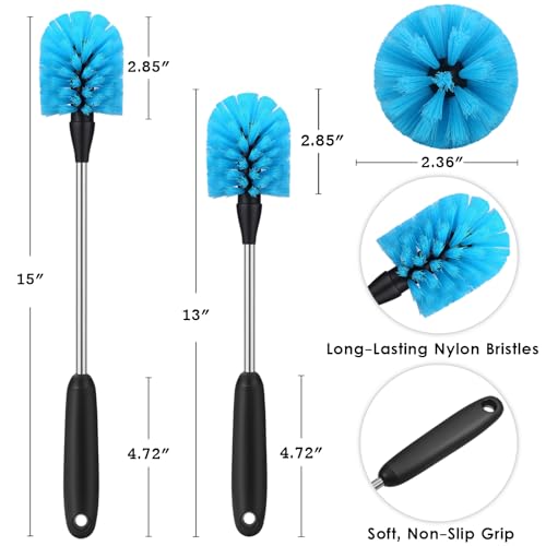 MOSOLAN Stainless Steel Water Bottle Brush, Long Handle Scrubbing Brush, Built for Cleaning Sport Bottles, Baby Bottles, Cups, Coffee Mugs, Glasswares, Wine Decanters, Flask, 2 Pack, 15 in - size: 15 Inch (Pack of 2)