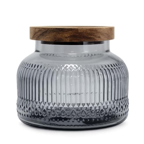 Grey Ribbed Glass Jar with Airtight Wooden Lid, 25.4 oz | BPA Free, Airtight Acacia Wood Lid with Silicon Gasket, Vintage Decor, Countertop Storage Container, Gift for Men & Women - size: 25.4 Ounces, style: Grey Ribbed
