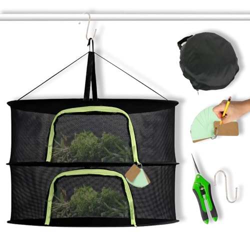 2 Layer 24" Herb Drying Rack Hanging with Garden Pruning Shears, Large Zipper, Hook & Notepad, Foldable Drying Rack for Herbs, Spices & Seasonings, Hanging Herb Dryer Indoor Outdoor - size: 20*24 INCH