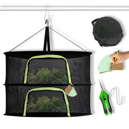 2 Layer 24" Herb Drying Rack Hanging with Garden Pruning Shears, Large Zipper, Hook & Notepad, Foldable Drying Rack for Herbs, Spices & Seasonings, Hanging Herb Dryer Indoor Outdoor - size: 20*24 INCH