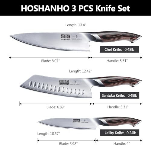 HOSHANHO 3 Pieces Knife Set, Professional Japanese High Carbon Stainless Steel Kitchen Knife Set, Ultra Sharp Chef Knives Sets with Ergonomic Pakkawood Handle