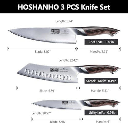 HOSHANHO 3 Pieces Knife Set, Professional Japanese High Carbon Stainless Steel Kitchen Knife Set, Ultra Sharp Chef Knives Sets with Ergonomic Pakkawood Handle