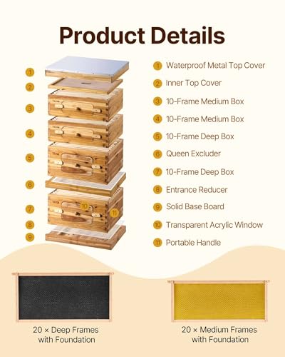 VEVOR 10 Frame Bee Hive, Beeswax Coated Fir Wood, Bee Hives Starter Kit,2 Deep + 2 Medium Bee Boxes Langstroth Beehive Kit, Transparent Acrylic Windows with Foundations for Beginners Pro Beekeepers - size: Deep Box x 2+ Medium Box x 2