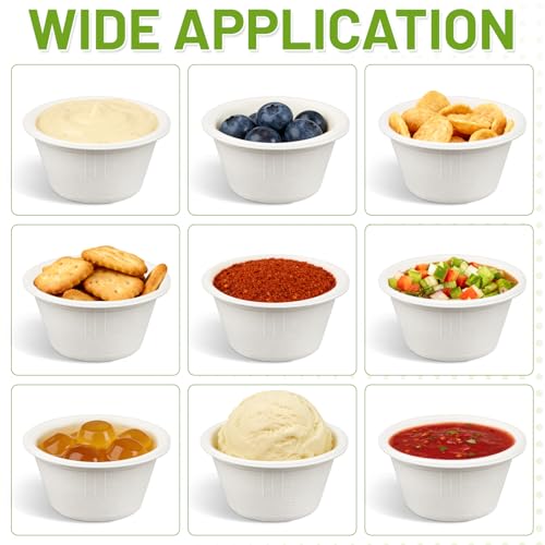 LeonBach 100 Pack Natural Bagasse Fiber Bowls 2oz Disposable Paper Cups Microwavable Safe Sample Snack Charcuterie Serving Cups Disposable Ramekins for Sauce Portion Condiment Ice Cream, White - color: White, style: 2oz-100 Pack
