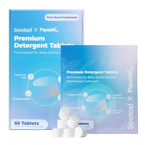 Papablic Upgraded 60Pcs Baby Bottle Washer Tablets, Plant-Based UltiPept Enzyme Formula, Deep Cleaning for Milk Residue & Odor, Gentle on Bottles & Pump Parts, Compatible with All Bottle Washers - size: 1 Count (Pack of 60)