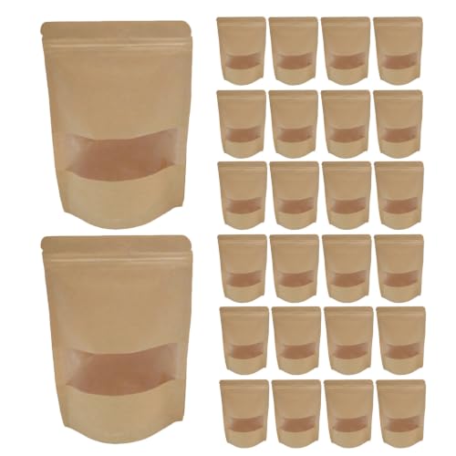 Generic 50pcs Kraft Paper Sealable Bags with Window, Stand-up Resealable Food Packaging Bags for Candy and Cheese, Eco-friendly Food Storage Pouches for Kitchen Use