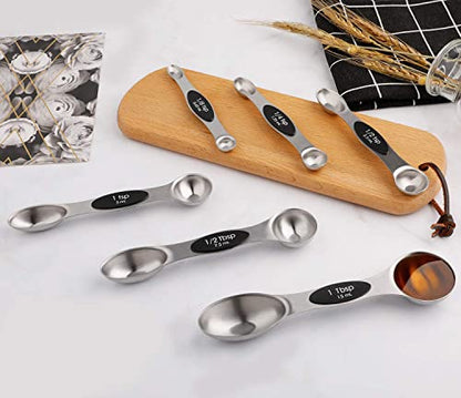 Magnetic Measuring Spoons Set of 6 Stainless Steel Dual Sided Stackable Teaspoon for Measuring Dry and Liquid Ingredients - color: Black