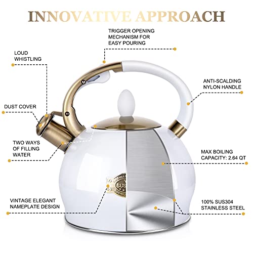 SUSTEAS Stove Top Whistling Tea Kettle - Food Grade Stainless Steel Teakettle Teapot with Cool Touch Ergonomic Handle, With 1 Silicone Pinch Mitt Included, 2.64 Quart(WHITE) - color: White