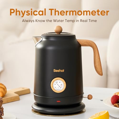 Seehot® Electric Kettle With Thermometer, 1.7L Electric Tea Kettle, 1200W Hot Water Kettle Electric, Auto Shutoff, Boil-Dry Protection, 304 Stainless Steel, Cordless Base, Black - color: Black