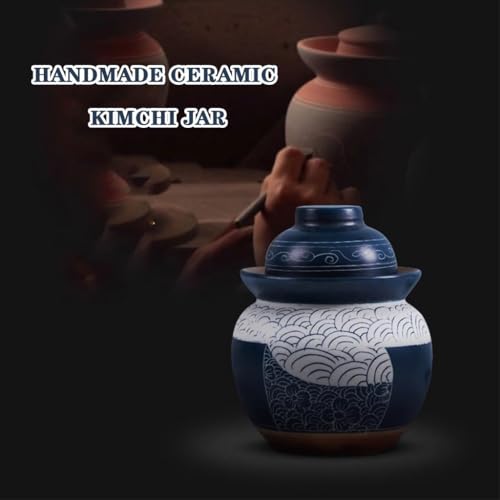 Japanese Style Flowers in The Clouds Kimchi Jar, Household Thickened Ceramic Pickling Crock, Water-Sealed Fermentation Tank, Handmade Desktop Ornaments(3.5kg/123.4oz) - size: 3.5kg/123.4oz