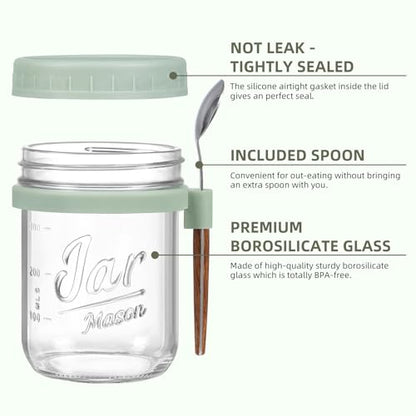 6 Pack Overnight Oats Containers with Lids and Spoons, 16 oz Glass Mason Overnight Oats Jars, Large Capacity Airtight Jars for Milk, Cereal, Fruit - color: 6 colors
