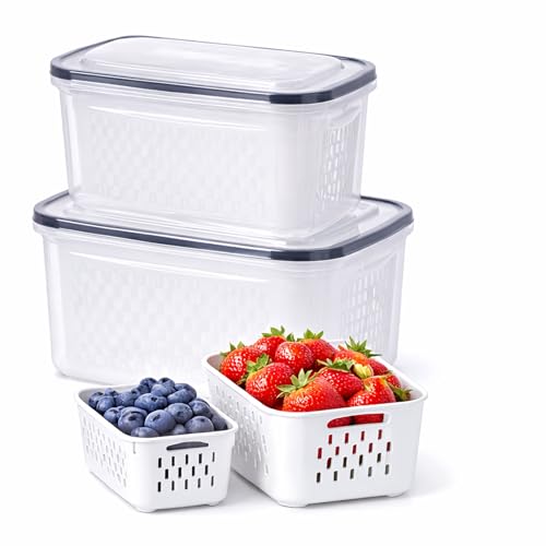 4-in-1 Produce Saver Containers - Fresh Berry Keeper with Removable Colander & Airtight Lid - Stackable Fruit and Vegetable Fridge Organizer Bins - BPA-Free Plastic Food Storage (2pcs) - color: 2pcs