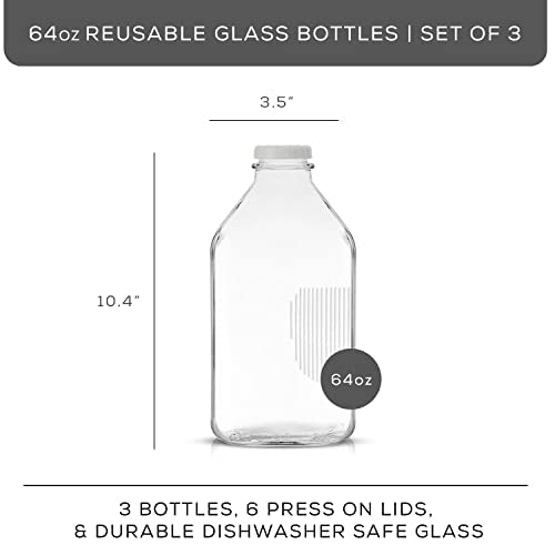 JoyJolt Glass Milk Bottles with Lids and Pourer – 64 Oz, 3 Pack Airtight Heavy Duty Reusable Glass Bottles, Leakproof, BPA-Free, Food Grade, Dishwasher Safe Jug, Pitcher for Milk, Juice, and Water - size: 64 Oz