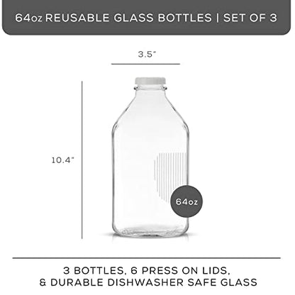 JoyJolt Glass Milk Bottles with Lids and Pourer – 64 Oz, 3 Pack Airtight Heavy Duty Reusable Glass Bottles, Leakproof, BPA-Free, Food Grade, Dishwasher Safe Jug, Pitcher for Milk, Juice, and Water - size: 64 Oz