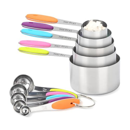 10 pcs Measuring Cups and Spoons Set, Stainless Steel Cups & Spoons for Dry or Liquid, Kitchen Collection Cooking and Baking