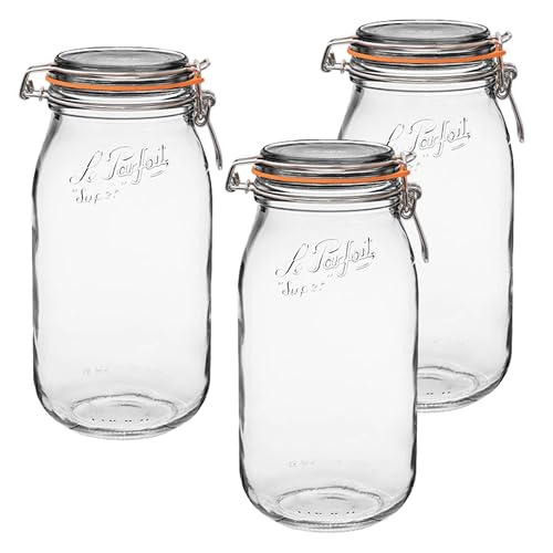 Le Parfait Super Jar 2L (64oz) French Glass Preserving Jar w/Airtight Rubber Seal & Wire Bail Closure - BPA-Free Canning Jar for Pickles, Fruits, Sauces & Food Storage - Made in France Since 1930 3PK - color: 64oz (Set/3)
