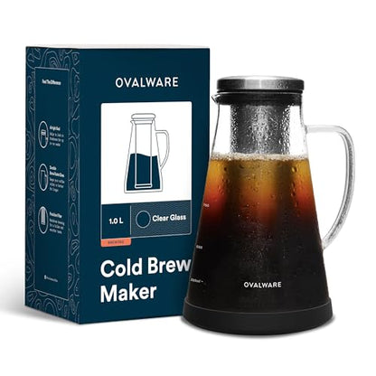 OVALWARE Airtight Cold Brew Iced Coffee Maker Pitcher and Tea Infuser with Spout - 1.0L / 34oz Ovalware RJ3 Brewing Glass Carafe with Removable Stainless Steel Filter - size: 34 Ounces
