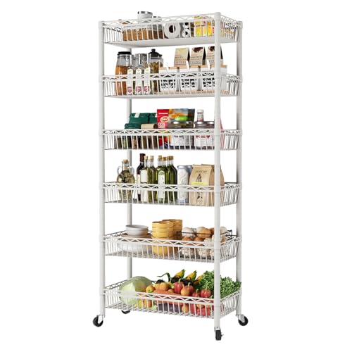 SINGAYE 6 Tier Big Basket Shelf Wire Shelving Unit Adjustable Storage Shelves Rack for Garage Kitchen Office Pantry Corner Metal with Wheels White - color: White, size: 6-Tier[30"Dx13.5"Wx65"H]