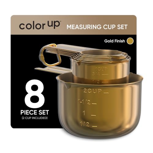 Color Up Measuring Cup Set, 8 Piece – Includes 2 Cup, Gold Finish, Stainless Steel, Accurate for Wet & Dry Ingredients, Embossed Markings, Easy-Pour Spouts, Dishwasher-Safe, Kitchen Essential - color: Gold